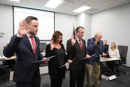 Board Members Matt Chaffee, Dana Sullivan, Chris Riley, & Larry Beehler are sworn in at the Jan. 9, 2023 Board Meeting